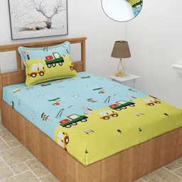MORADO Yellow & Blue Graphic 210 TC Single Fitted Bedsheet with 1 Pillow Covers-image-61