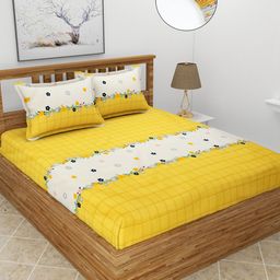 MORADO Yellow & White Geometric 210 TC Queen Fitted Bedsheet with 2 Pillow Covers-image-105