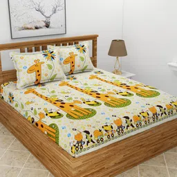 MORADO Yellow & Green Cartoon Characters 180 TC Queen Bedsheet with 2 Pillow Covers-3