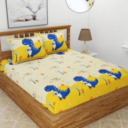 MORADO Yellow & Blue Graphic 180 TC Queen Fitted Bedsheet with 2 Pillow Covers-image-86