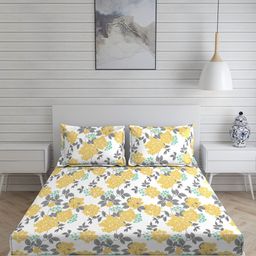 Layers Yellow & Grey Floral 250 TC King Bedsheet with 2 Pillow Covers-image-38