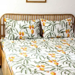 House This White Floral 180 TC Pure Cotton Fitted 3 Queen Bedsheet with 2 Pillow Covers-picture-19