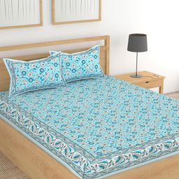 Lali Prints Blue Floral Cotton 210 TC King Bedsheet with 2 Pillow Covers-image-91