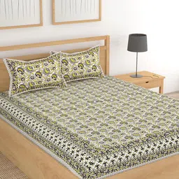 Lali Prints White & Yellow Ethnic Motifs Cotton 210 TC King Bedsheet with 2 Pillow Covers-image-76