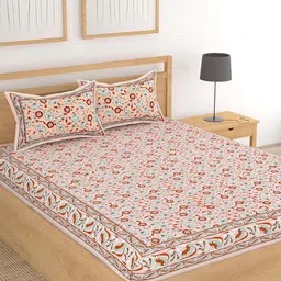 Lali Prints Peach-Coloured Floral Cotton 210 TC King Bedsheet with 2 Pillow Covers-image-34