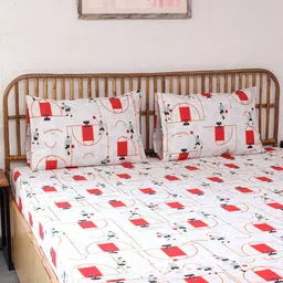 House This White & Red Conversational 180 TC Cotton Queen Bedsheet with 2 Pillow Covers-image-23