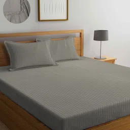 KLOTTHE Grey Striped 300 TC Fitted King Bedsheet with 2 Pillow Covers-image-52