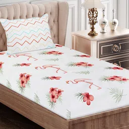 SEJ by Nisha Gupta Adults White & Coral Print 180 TC Single Bedsheet with 1 Pillow Cover-image-11