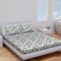 Himeya Beige & Green Floral Pure Cotton 144 TC King Bedsheet with 2 Pillow Covers-image-45
