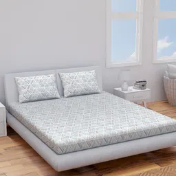 Himeya White & Sea Green Geometric Pure Cotton 144 TC Queen Bedsheet with 2 Pillow Covers-image-14