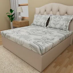 Himeya Off White & Green Floral Pure Cotton 180 TC Queen Bedsheet with 2 Pillow Covers-image-70