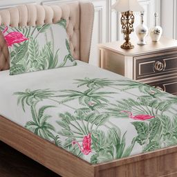 SEJ by Nisha Gupta Green & Pink Floral 180 TC Single Bedsheet with 1 Pillow Cover-image-11