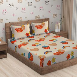 SOKNACK Pink & Orange Cartoon Characters 300 TC Queen Bedsheet with 2 Pillow Covers-image-114