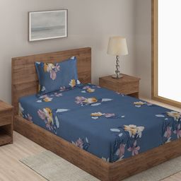 SOKNACK Blue & Orange Floral 300 TC Single Bedsheet with 1 Pillow Cover-image-78