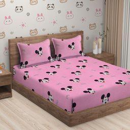 SOKNACK Pink & Black Cartoon Characters 300 TC Queen Bedsheet with 2 Pillow Covers-image-56
