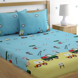 SOKNACK Green & Blue Conversational 300 TC Queen Bedsheet with 2 Pillow Covers-image-58