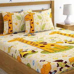 SOKNACK Yellow & Orange Cartoon Characters 300 TC Queen Bedsheet with 2 Pillow Covers-30