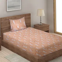 KLOTTHE Peach-Coloured & White Geometric 210 TC Single Bedsheet with 1 Pillow Covers-10