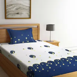 KLOTTHE White & Navy Blue Geometric 210 TC Single Bedsheet with 1 Pillow Covers-image-90
