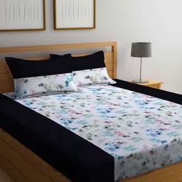 KLOTTHE White & Black Floral Printed 210 TC King Size Bedsheet With 2 Pillow Covers-image-6