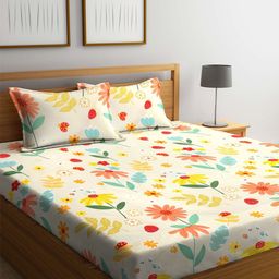 KLOTTHE Beige & Green Floral 300 TC King Bedsheet with 2 Pillow Covers-image-90