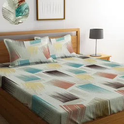 KLOTTHE White & Blue 300 TC Fitted King Bedsheet with 2 Pillow Covers-image-31