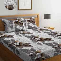KLOTTHE White Grey Floral Print 300 TC Fitted King Double Bedsheet with 2 Pillow Covers-image-80