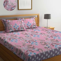 KLOTTHE Floral Printed 300 TC Fitted Super king Double Bedsheet With 2 Pillow Covers-image-31
