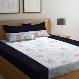 KLOTTHE White & Black Floral Printed Cotton 210 TC King Bedsheet With 2 Pillow Covers-8