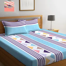 KLOTTHE Set Of 2 Blue & Peach Cartoon Characters 210 TC King Bedsheet with 4 Pillow Covers-2