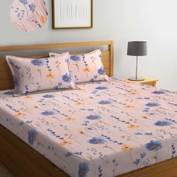KLOTTHE Floral Print 300 TC Fitted Super King Double Bedsheet with 2 Pillow covers-image-14