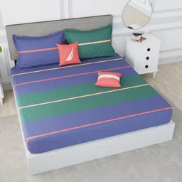 Nautica Blue & Green Striped 210 TC King Bedsheet with 2 Pillow Covers-29