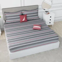 Nautica Grey & White Striped 210 TC King Bedsheet with 2 Pillow Covers-image-52