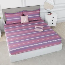 Nautica Purple & White Striped 210 TC King Bedsheet with 2 Pillow Covers-image-15