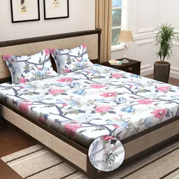 KLOTTHE White Floral Printed 300TC Fitted Double King Bedsheet With 2 Pillow Covers-picture-21