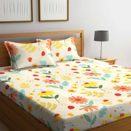 KLOTTHE White & Yellow Printed 300 TC Double King Fitted Bedsheet With 2 Pillow Covers-image-14