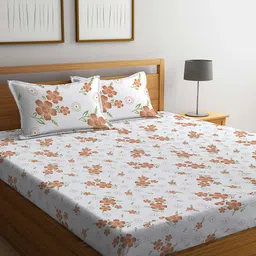 KLOTTHE White & Brown Printed 300TC Fitted Double King Bedsheet With 2 Pillow Covers-image-97