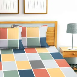 AEROHAVEN Blue & Yellow Printed Cotton Fitted 240 TC King Bedsheet with 2 Pillow Covers-image-89