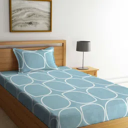 KLOTTHE Blue & White Geometric Printed 300TC Fitted Single Bedsheet With Pillow Cover-14
