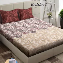 Arrabi Cream-Coloured & Brown Floral 300 TC King Bedsheet with 2 Pillow Covers-image-59