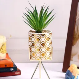 fourwalls Polyurethane Green Succculent In Ceramic Pot With Metallic Stand Artificial Plants-picture-39
