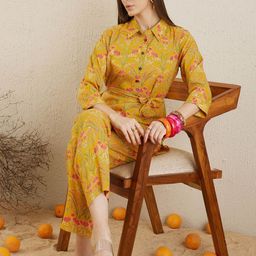 Indo Era Mustard Printed Tunic With Trousers-image-1
