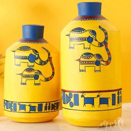 aakriti art creations Happy Elephant Madhubani (Set Of 2) Yellow Terracotta Table Vase-picture-16