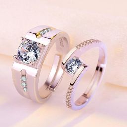 King & Queen Adjustable Couple Rings Stainless Steel Cubic Zirconia Silver Plated Ring Set-image-99