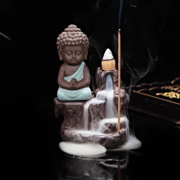 Meditating Buddha Smoke Backflow Cone Incense Holder with Scented Cone Incenses Decorative Showpiece - 12 cm-14