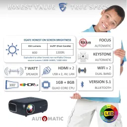 Egate K9 Pro-Max (E08i33) (600 lm / 1 Speaker / Wireless / Remote Controller) 6X Automatic | 600 ISO Lumens & 1200fc | Full HD 1080p Native with 4K Support | Auto (Focus + Keystone) | Android 13 | HDMI, USB, WiFi & BT Projector image 3