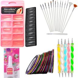 Super Quality salon Parlor Professional Nail Art Kit, 100* artificial nails, 5* Dotting Tools, 15*brush /set, 10ml* Glue, 12*Decorative Tape-image-1