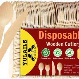 Use & throw 6.2 inch Wooden Spoons Pack| 50 Pieces of Spoon, Fork & Knife | Disposable Wooden Cutlery Set-40