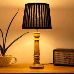 green girgit Wooden Pillar Brown lamp with pleeted Black Soft Shade-picture-18