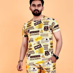 Men Top & Shorts Set Beige Printed-image-4
